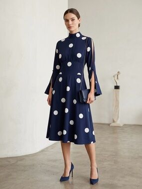 Gracia Navy/White Polka Dot Mock Neck Split Sleeve A-Line Midi Dress M